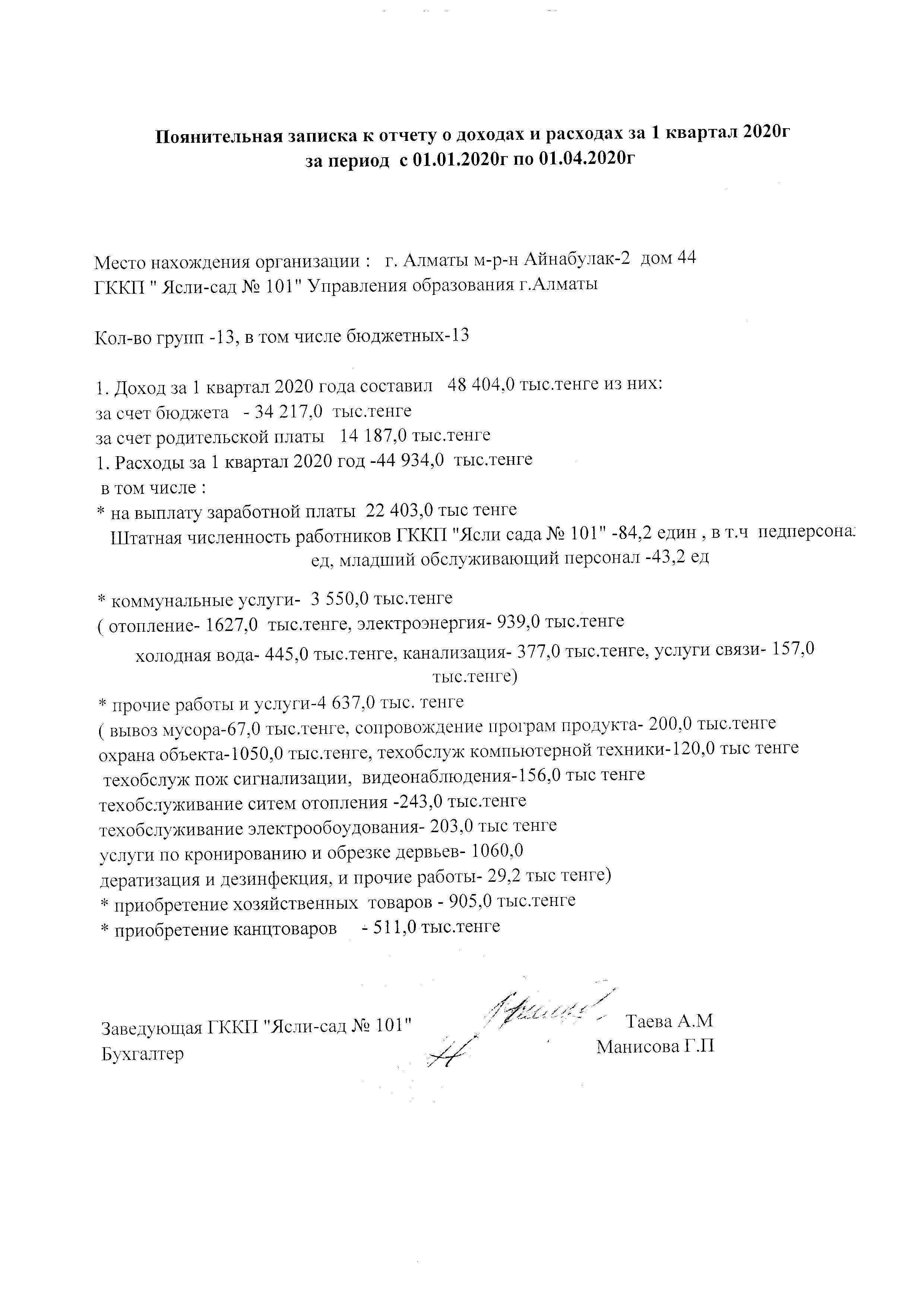 отчет о доходах и расходах за I квартал 2020 года
