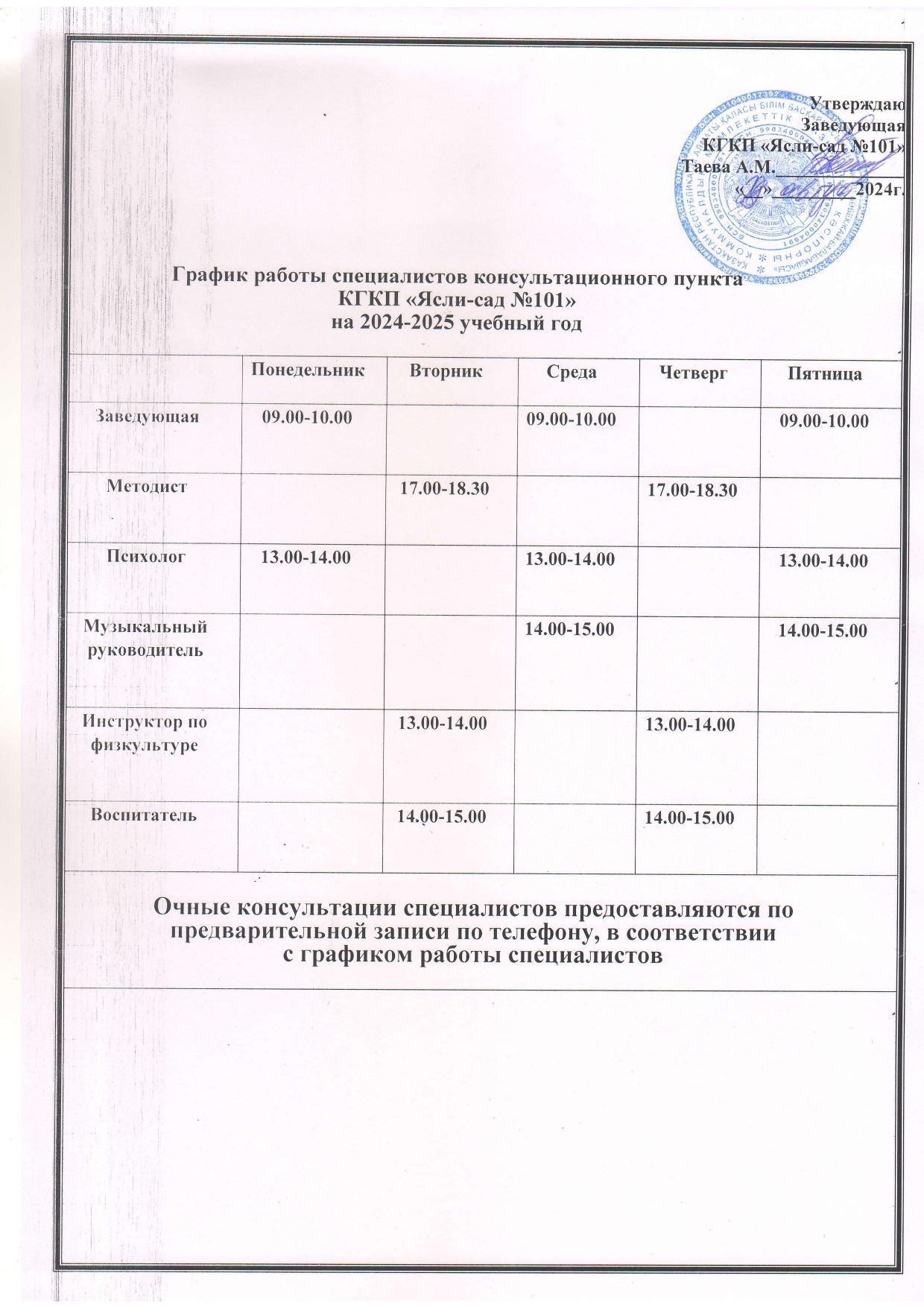 Консультативтік пунктің жұмыс кестесі